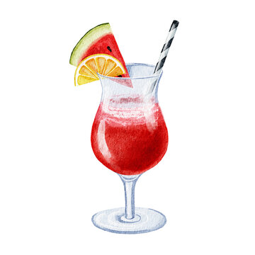 Vibrant red cocktail garnished with watermelon and citrus slices with a striped straw. Watercolor illustration.