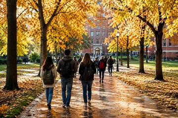 Fototapeta premium Students walking on a wet campus path during autumn with golden trees and sunlight