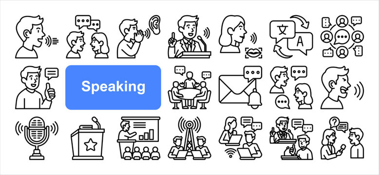 Speaking icon set, with Talking, Conversation, Message, Communicate.