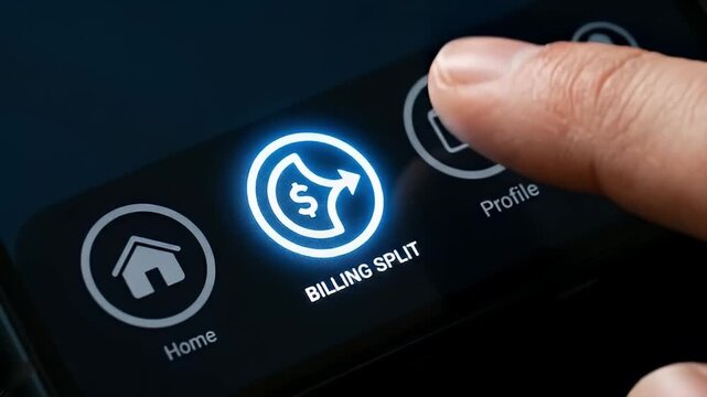 Billing split icon on digital screen with finger tapping mobile app for shared payment, finance management, and money transfer in touchscreen technology and digital finance interface