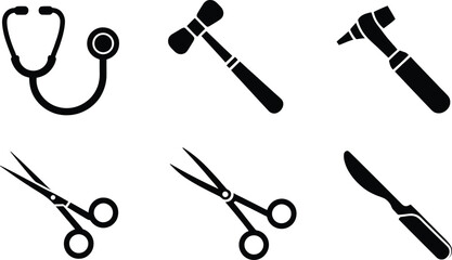 Fototapeta premium Set of six black medical instrument stethoscope, reflex hammer, otoscope, scissors, scalpel healthcare