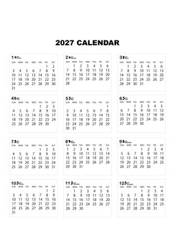 2027 Annual Calendar Template Simple Monochrome Year Planner Vector