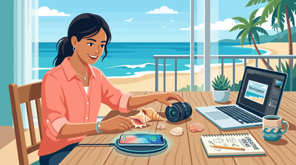 Fototapeta premium Remote Work Setup with Ocean View Boosts Creative Productivity