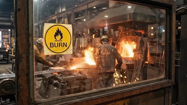 Hot metalworking sparks fire in industrial factory workshop with worker wearing protective gear near machinery behind glass window burn hazard sign pointing at furnace burning safety warning
