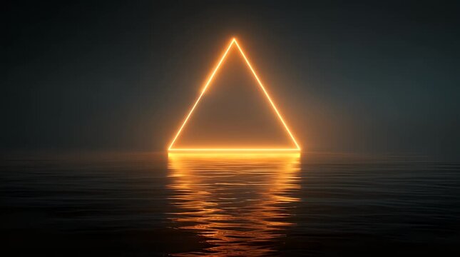 Glowing Neon Triangle Reflecting on Water Surface
