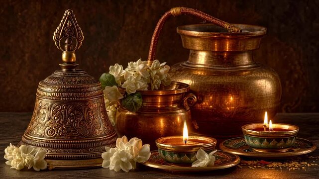Traditional Indian brass puja items: bell, pots, flickering diyas, and jasmine flowers, arranged for a sacred Hindu ritual or festival, glowing warmly against a dark background.