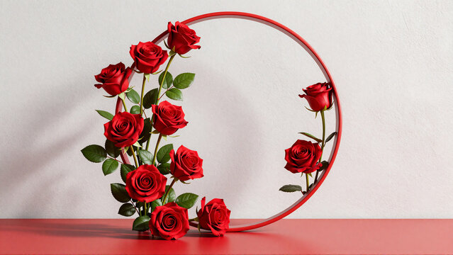 Elegant display of vibrant red roses arranged beautifully within a contemporary circular frame