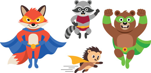 Fototapeta premium Cute Cartoon Superhero Animals Vector Character Set with Brave Fox, Jumping Raccoon, Strong Bear, and Flying Hedgehog Wearing Capes and Eye Masks