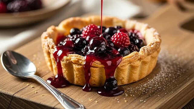A delicious berry tart is being drizzled with a sweet red fruit sauce on a wooden board