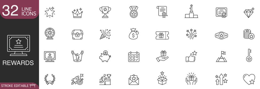 Rewards and achievements line icon vector set featuring trophies, medals, gamification prizes, and success concepts with editable stroke.