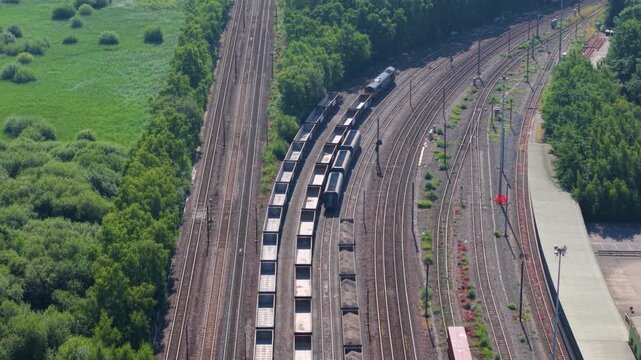Aerial view of freight train carriages lined up on railway tracks in Doncaster