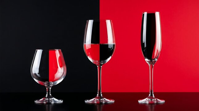 Three different wine glasses on split background. Elegant glassware for drinks and events.