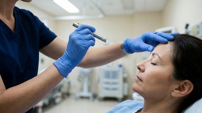 Neurologist performing a precise eye reflex test with penlight. Medical professional conducting detailed cranial nerve examination on relaxed patient.