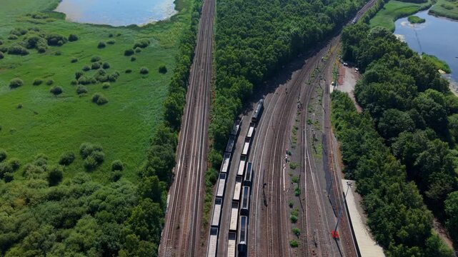Aerial view of freight train carriages lined up on railway tracks in Doncaster
