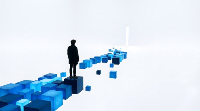 Navigating the Digital Frontier: A solitary figure stands silhouetted against a stark white background, contemplating a path paved with luminous blue cubes, stretching towards an unknown future.