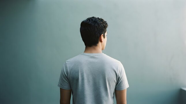 Rear view of young man in grey t-shirt standing against wall, contemplative male figure looking away, minimalist portrait of person in casual wear