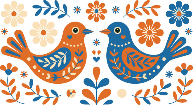 Scandinavian Folk Art Vector Background with Cute Love Birds, Traditional Floral Ornaments, Leaves, and Festive Flowers in Swedish Rosemaling Pattern Style