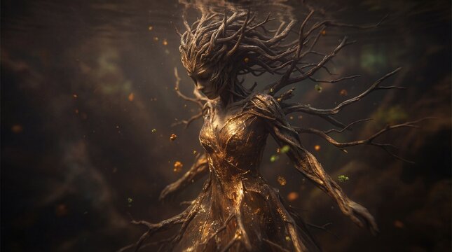 Ethereal dryad spirit floating underwater with wooden branches and leaves