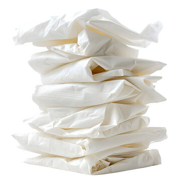 Stack of clean white disposable medical face masks folded neatly and piled high against a bright isolated background to emphasize personal hygiene protection and health safety during a global pandemic