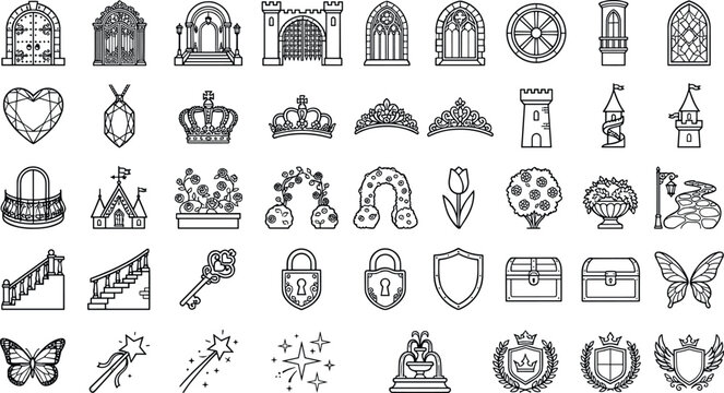  airytale Castle Architecture and Royal Kingdom Magic Line Icons Set with Crowns Towers Keys and Ornaments
