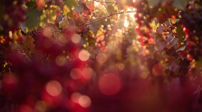 Grapes hanging on vines in a lush vineyard at sunset with beautiful golden hour light creating a soft dreamy bokeh effect in the summer evening