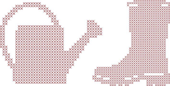 Cross stitch pattern of watering can and rain boot isolated on white background
