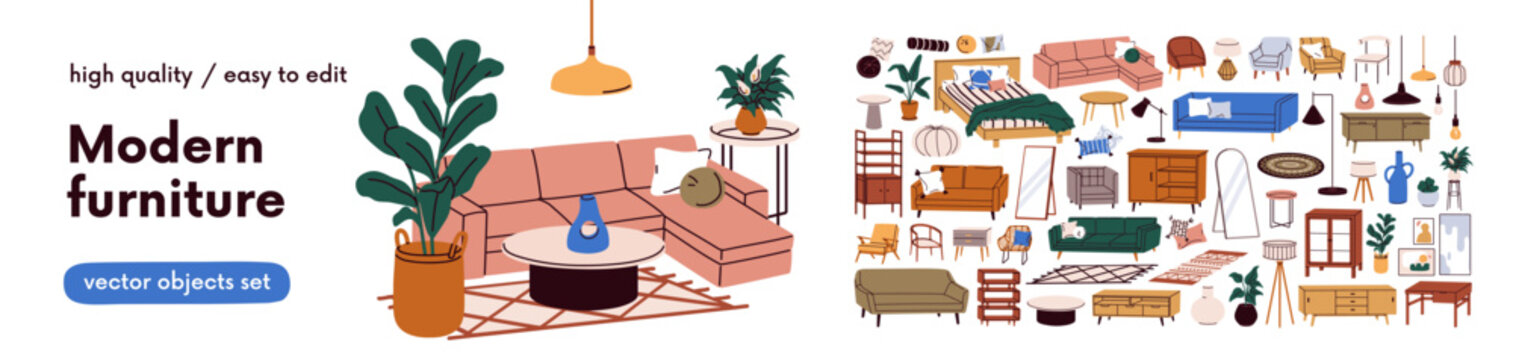 Modern home interior, furniture set. Apartment room items, decoration - sofa, couch, chair, armchair, lamp. Trendy house decor, design elements. Flat vector illustrations isolated on white background