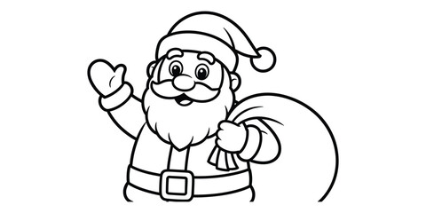 Fototapeta premium Cute santa claus waving hand and holding a gift bag drawing