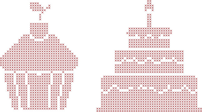 Cross stitch style red cupcake and birthday cake