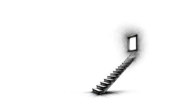 Minimalist sketch of a staircase leading up to a glowing open door