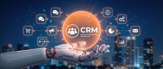 Fototapeta premium Futuristic robotic hand interacting with a glowing crm symbol representing advanced customer relationship management technology in a modern urban setting at night.