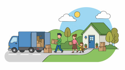 Naklejka premium Family moving into new house with moving truck and boxes