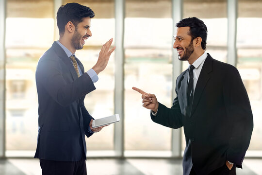 Corporate employees in formal business suit talking and laughing with one of them holding digital tab.