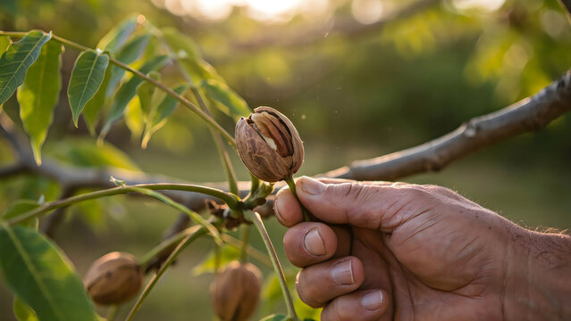 A hand picking a fresh almond nut from a tree branch in a sunny orchard garden during the summer harvest season