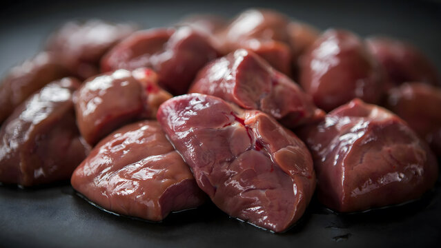 Fresh raw chicken liver pieces piled on a dark stone background