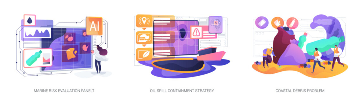 Coastal water pollution cleanup abstract concept vector illustrations.