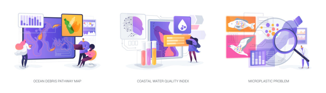 Coastal waste awareness campaigns abstract concept vector illustrations.