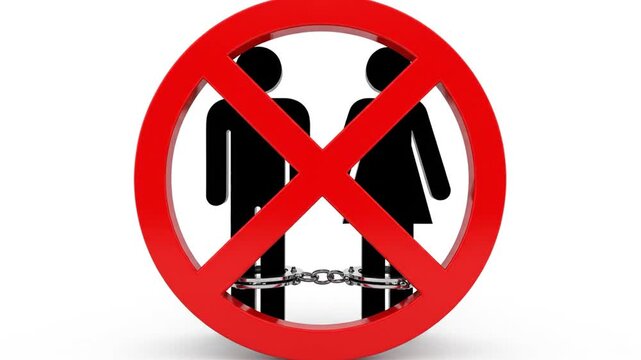 3D rendered stop sign with handcuffed man and woman icons representing restrictions