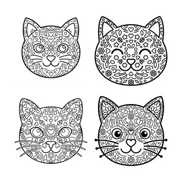 Coloring page with cat faces. Feline illustration for kids activity book