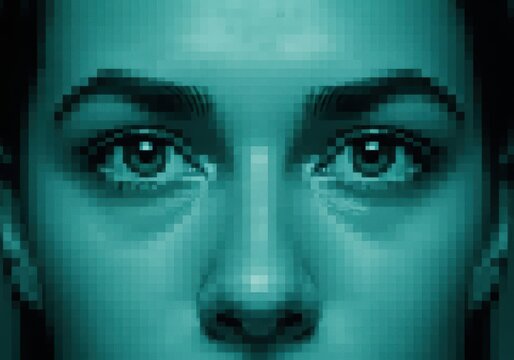 Closeup portrait of a womans face in a pixelated style