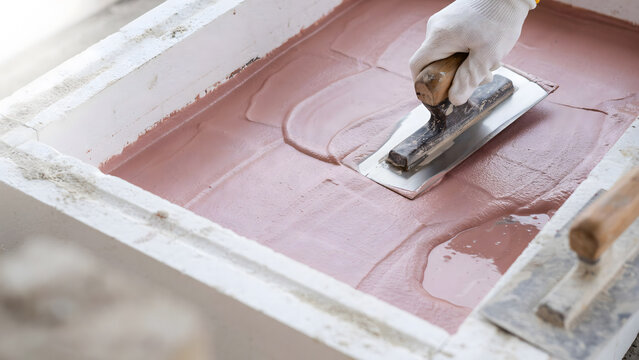 A construction worker applying fresh cement onto a floor with a metal trowel