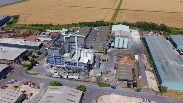 Aerial view of biomass energy facility processing waste to electricity at Flixborough Industrial Estate