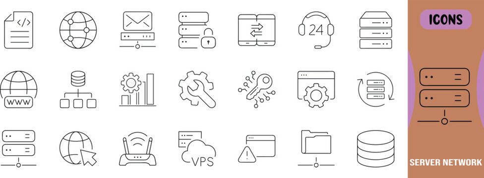 Web hosting server network icons. server icon set, globe icon set, database icon set