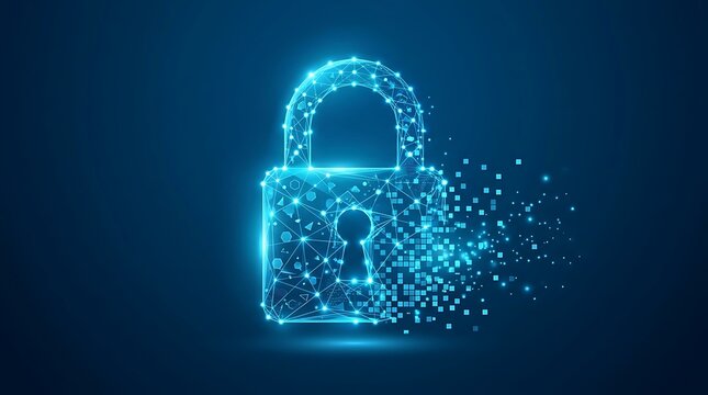 Digital Cyber Security Padlock Conceptual Background with Data Fragmentation Effect