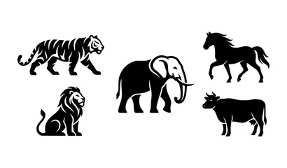 Wild safari mammals and farm livestock animals black silhouette vector icon set isolated on white background © Mokbul