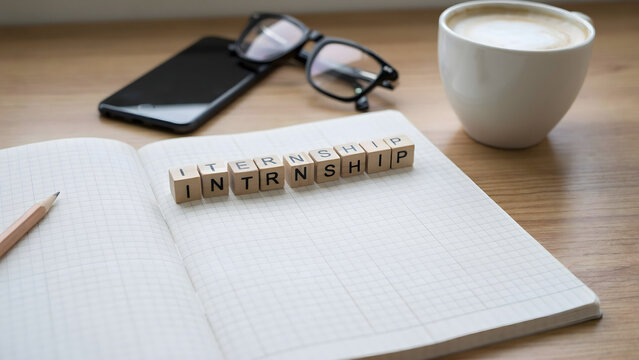 Wooden blocks spelling internship on a notebook with coffee and glasses