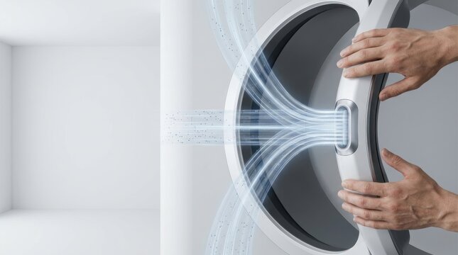 Human hands guiding converging digital workflow streams through a centralized coordination hub with wide copy space for business technology banner
