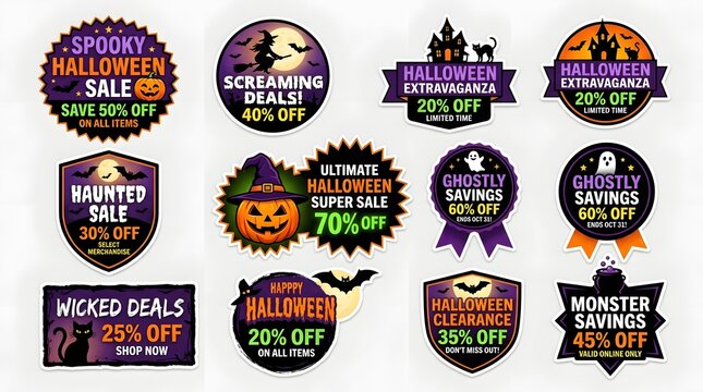 Collection of halloween sale badges and discount stickers