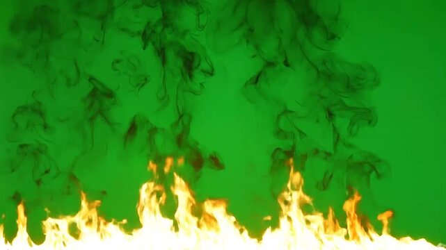 Bright orange flames rise from a base with dark smoke swirling against a solid green background