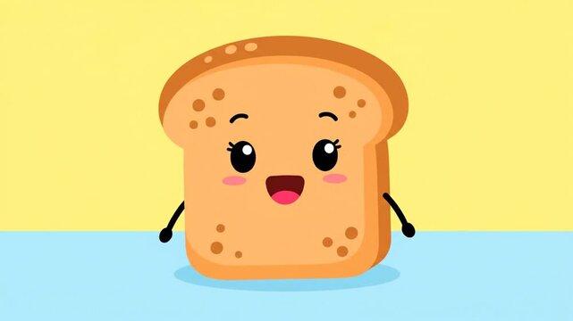 A cute animated bread slice character waving happily on a yellow background